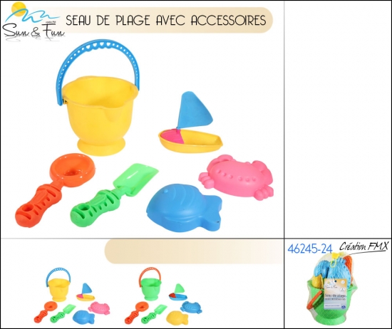 Seau de plage avec accessoires - 6pcs / 2 ASST couleur
