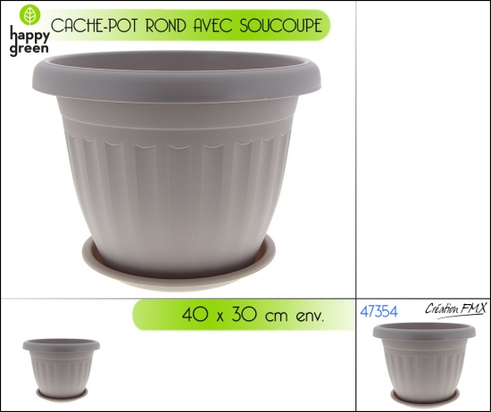 Cache-pot rond coloré avec soucoupe (Dia.)40x(H)30cm env.  1 couleur asst.