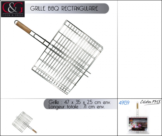 Grille BBQ rectangulaire - manche en bois (47x35x71cm env.)