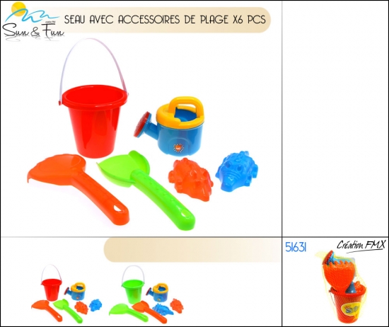 Seau avec accessoires de plage, x6 pcs, x2 asst