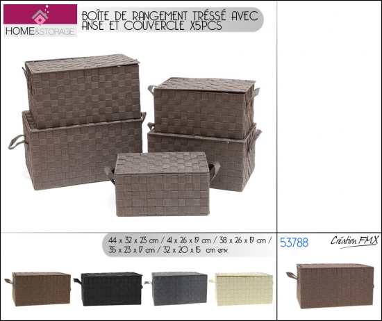 Boîte de rangement tréssé  avec anse et couvercle x5pcs  - 4 asst