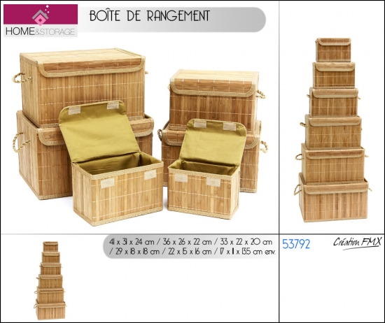 boîte de rangement en bambou avec anses et couvercle x6pcs couleur nature - 1 asst