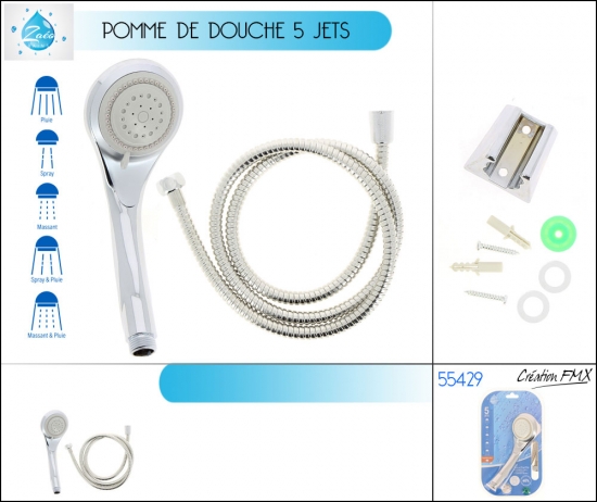 Pommeau de douche 5 jets + fonction stop + flexible acier inoxydable 1.5m