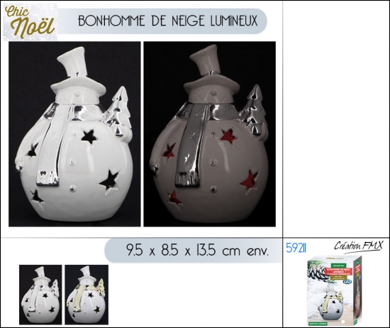 Bonhomme de neige lumineux en dolomite - 9,5x8,5x13,5cm env. - 1 asst.