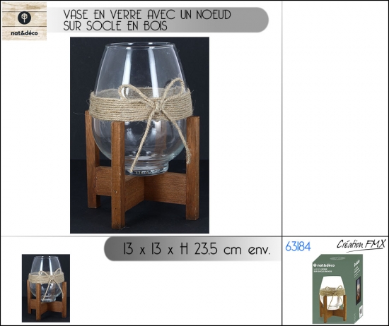 Vase en verre sur socle en bois avec un Noeud - Dim 13x13x23.5cm env.