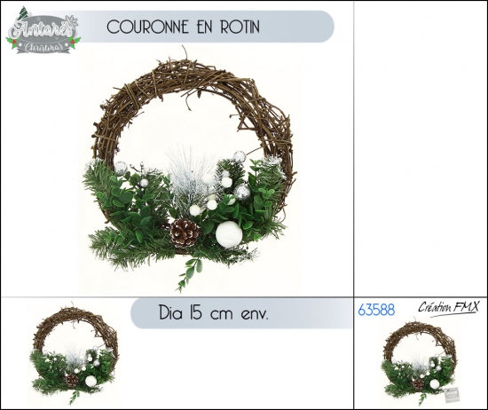 Couronne de Noël en rotin - Coloris Blanc - Diam 30cm env