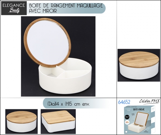 Boîte de rangement maquillage et accessoire avec miroir couvercle en bambou-14x5cm env. / 2 moèles asst.