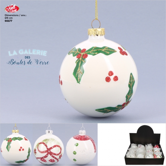 Boule de Noel blanche avec motifs noel - Diam 8cm env.  x3 assortiments