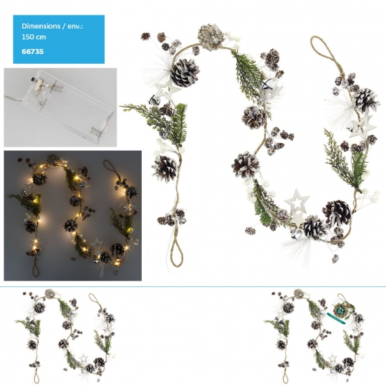 Guirlande lumineuse 20 LED avec grelots - feuilles - pin et baies couleur blanche (L=150cm env.)