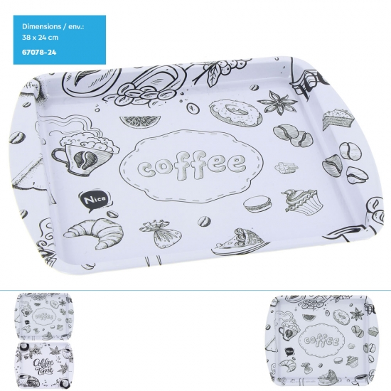 Plateau métal regtangle motif café fond blanc - 38x24m env. 2 assortiments