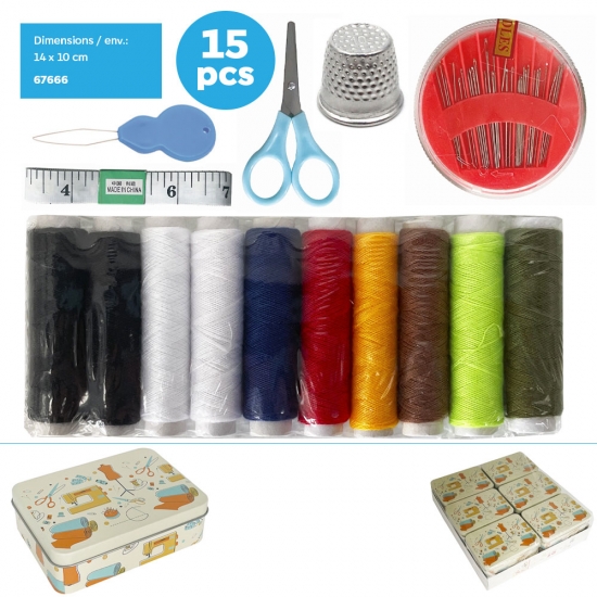 Boite métal rectangulaire 14x10 cm avec  Kit Couture 15pcs