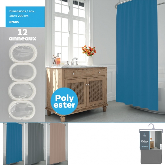 Rideau de douche polyester 180x200cm env. 12 anneaux et Fil à Blomb inclus. 3 coul. asst.